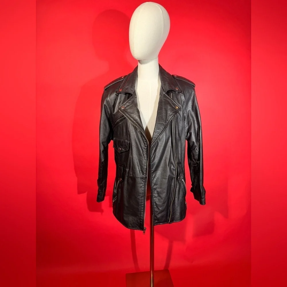 Vintage 1980s Wilson’s Leather Black Leather Oversized Moto Jacket - Picture 7 of 12